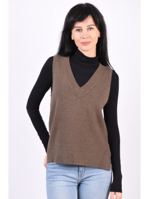 Vesta Dama Vila Viril Knit Rib V-Neck Morel